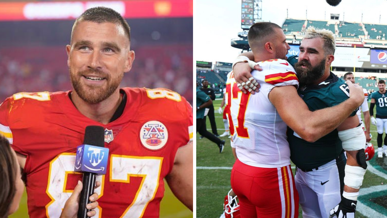 Travis Kelce. Right: Travis Kelce hugging Jason Kelce.