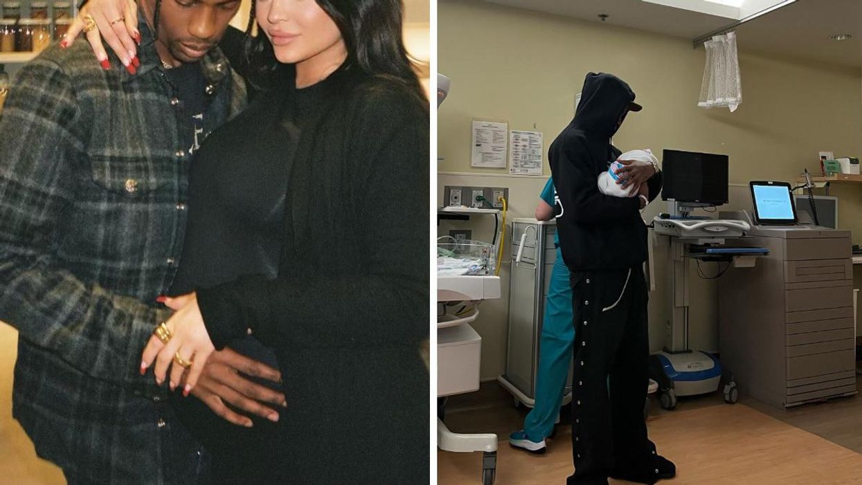 Travis Scott and Kylie Jenner. Right: Travis Scott holding his newborn son.