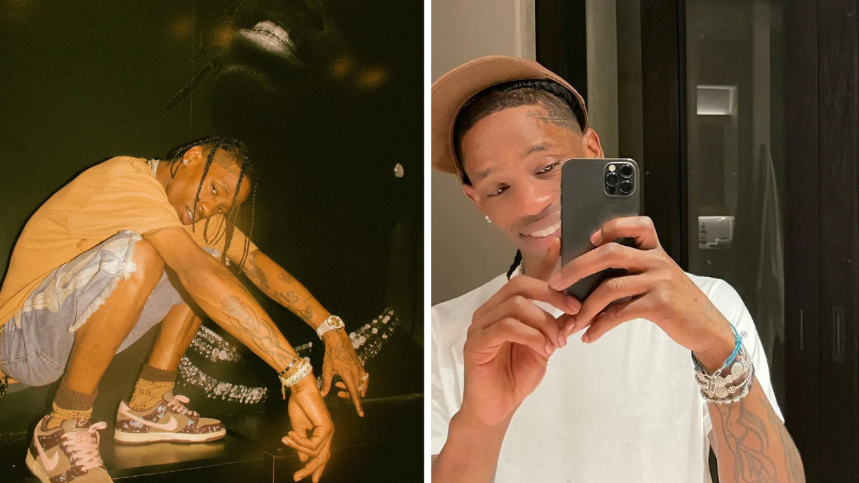Travis Scott bent down looking at the camera. Right: Travis Scott smiling while taking a picture of himself in a mirror with a phone.