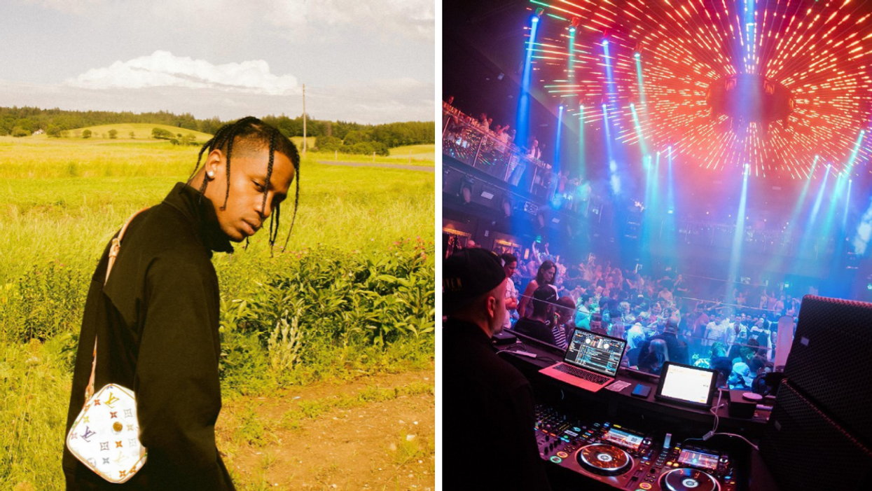 Travis Scott walking down a field wearing black clothing and a white purse. Right: The inside of E11EVEN Miami: view of the crowd from the DJ booth.