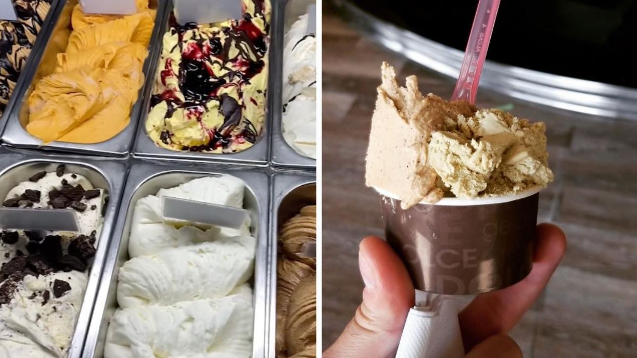 Trays of gelato at Dolce Gelato. Right: Person holding a cup of Gelato.