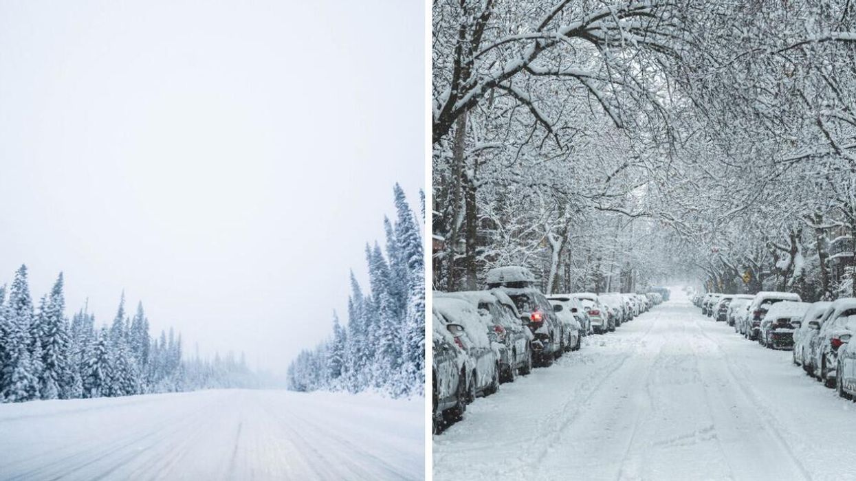 Tree-lined road covered in snow during a snowstorm. Right: Cars buried under snow on a street in Montreal.