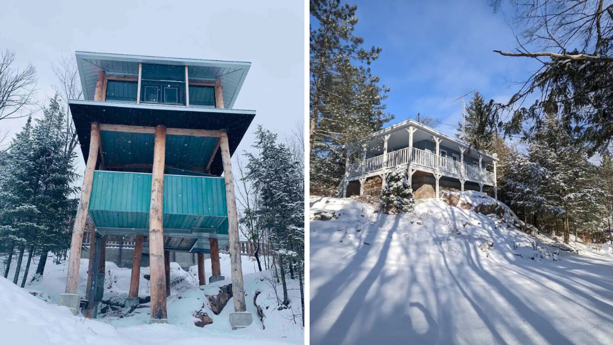 Treehouse cabin Airbnb in the winter. Right: Charming Quebec chalet surrounded by snow.