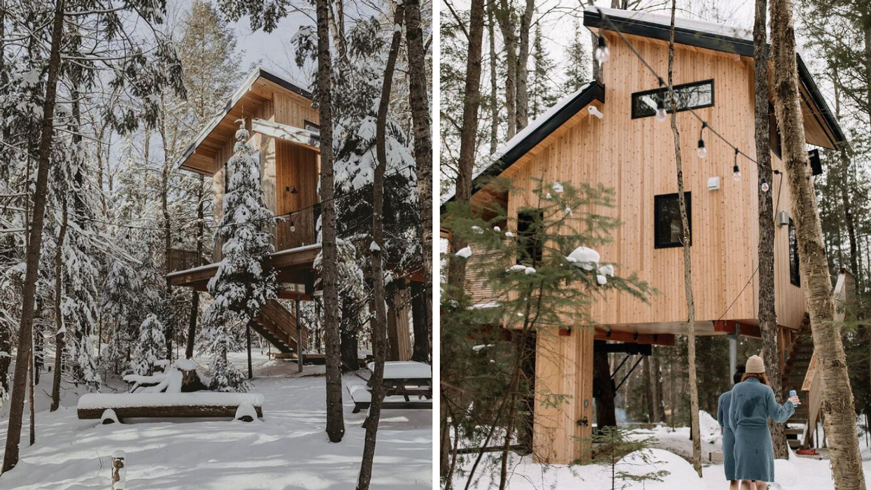 Treehouse cabin hidden in a snowy forest. Right: Two women walking from a hot tub to a treehouse Airbnb.