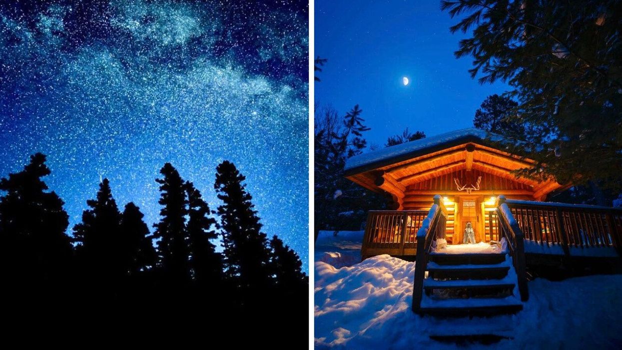 Trees beneath a starry sky. Right: A cabin covered in snow.