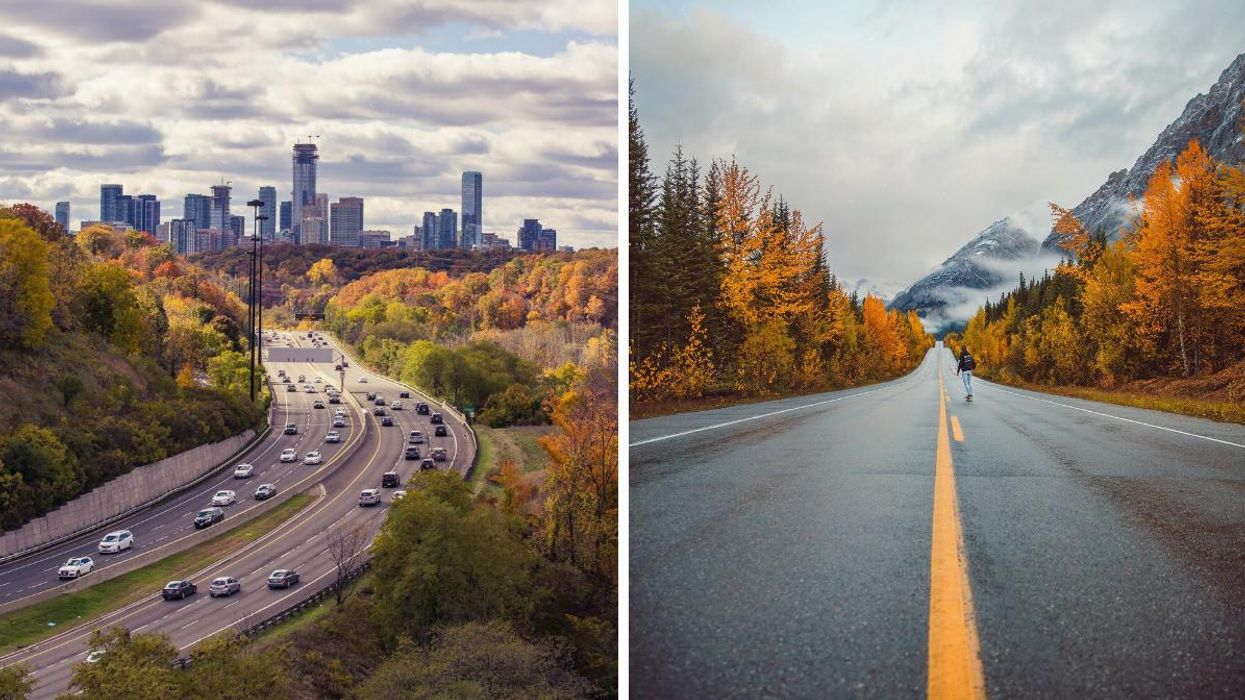 Trees changing colours along a highway in Toronto. Right: Person skateboarding on a road in Alberta in autumn.