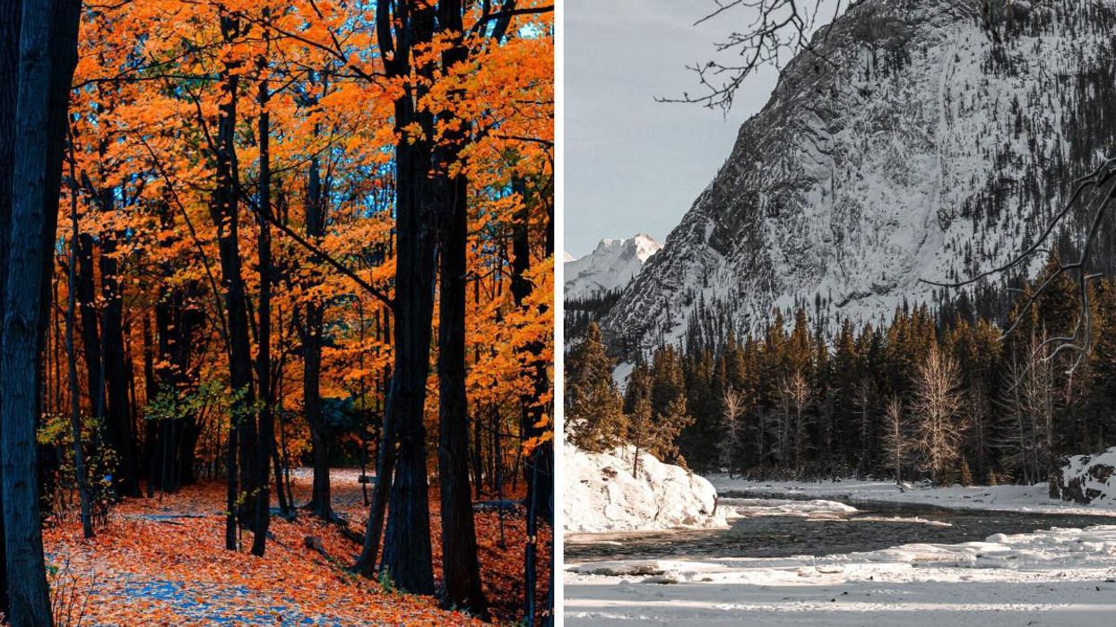 Trees with orange leaves in an Ontario park during the fall. Right: Snow on the ground and the mountains in Alberta.