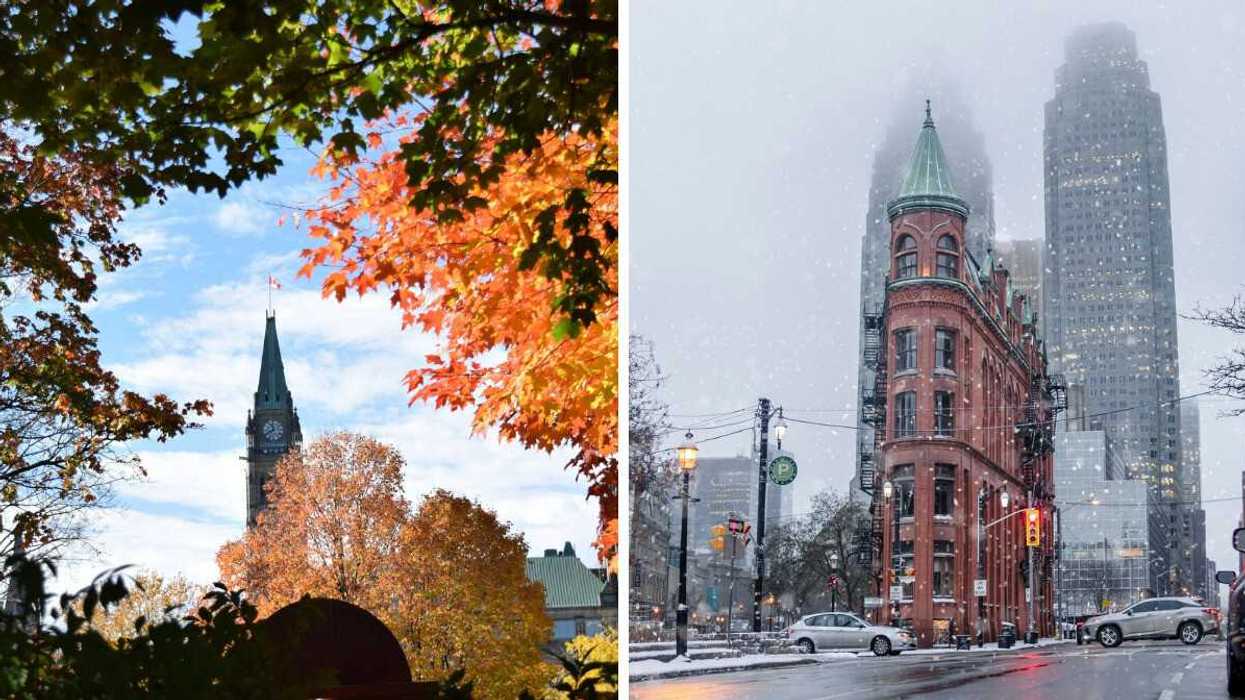 trees with orange leaves in front of parliament building in ottawa. right: cars on street in toronto while it snows