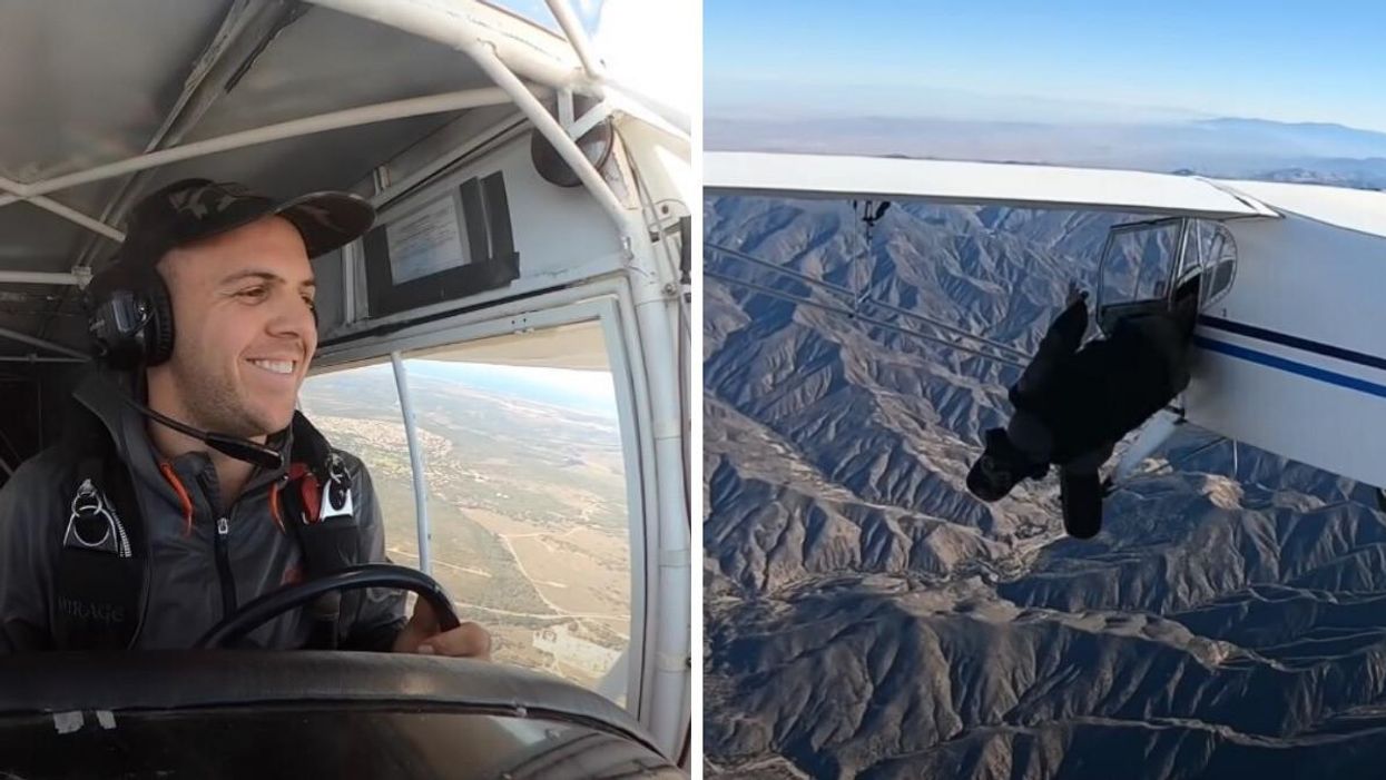 Trevor Jacob piloting his plane. Right: Trevor Jacob jumping out of the same plane.