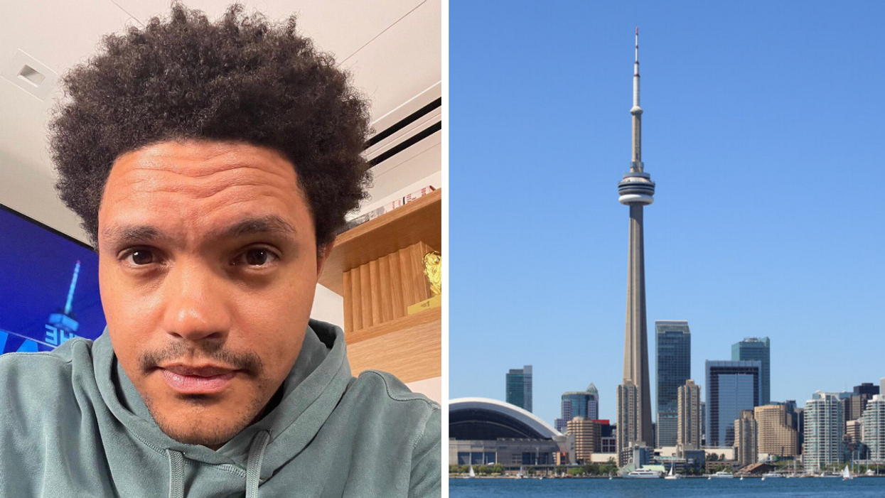 Trevor Noah. Right: CN tower in Toronto.