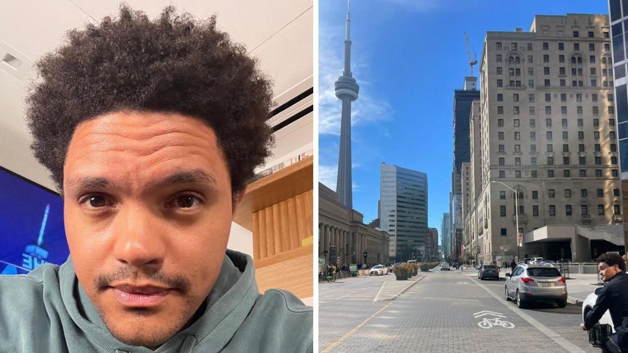 Trevor Noah taking a selfie. Right: Trevor Noah in Toronto.