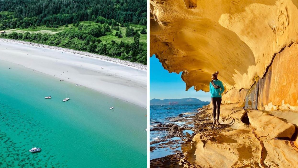 Tribune Bay, on Hornby Island, B.C. Right: Malaspina galleries on Gabriola Island.