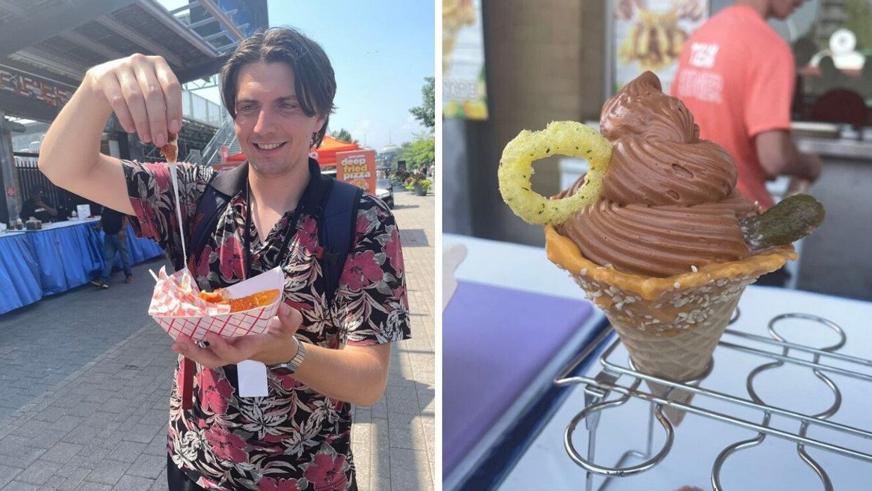 Tristan eating food at the CNE. Right: The Cheese Burger Ice Cream.