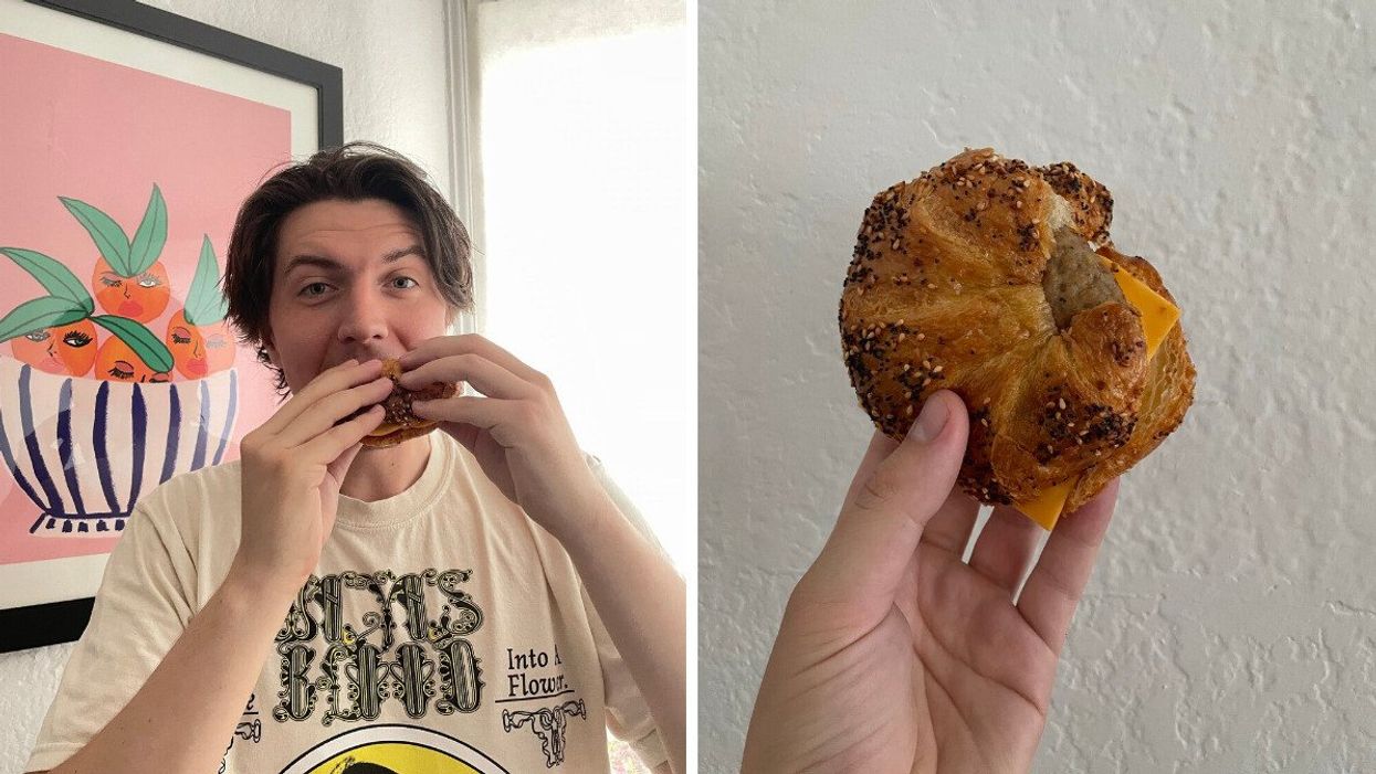 Tristan eating the sandwich. Right: The Everything Croissant Sandwich.