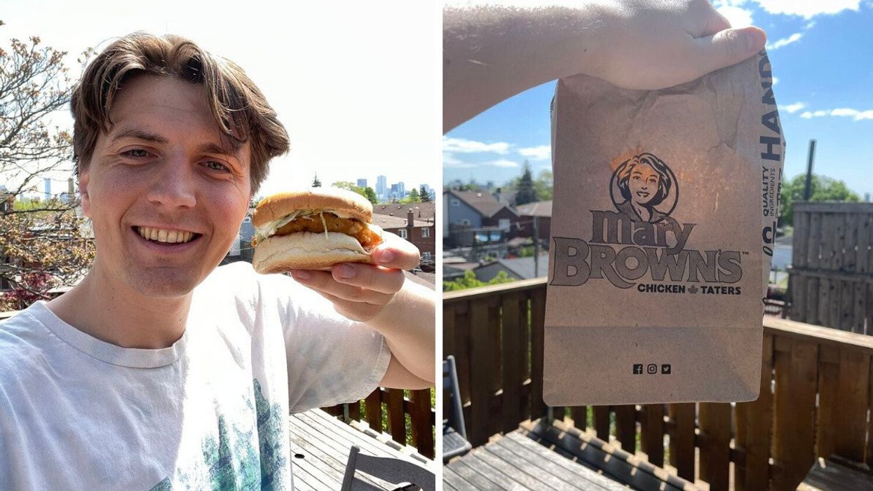 Tristan holding a Mary Brown's chicken. Right: A bag from Mary Brown's.