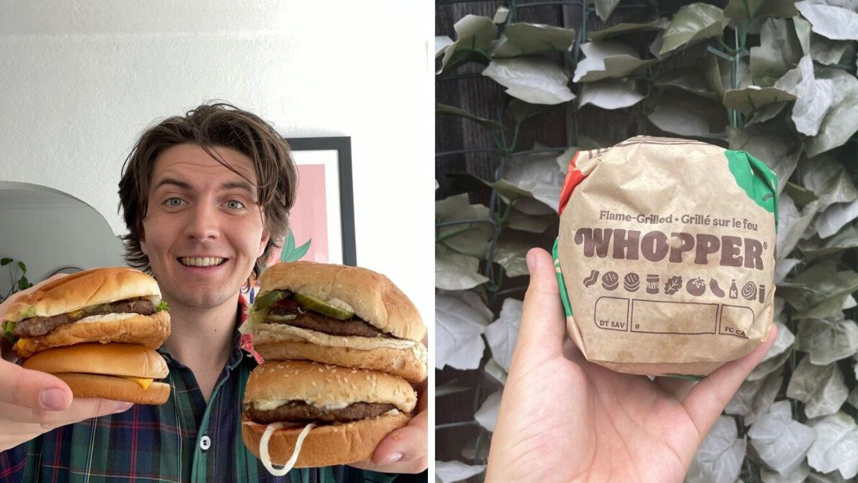 Tristan holding all of the burgers. Right: A Burger King Whopper.