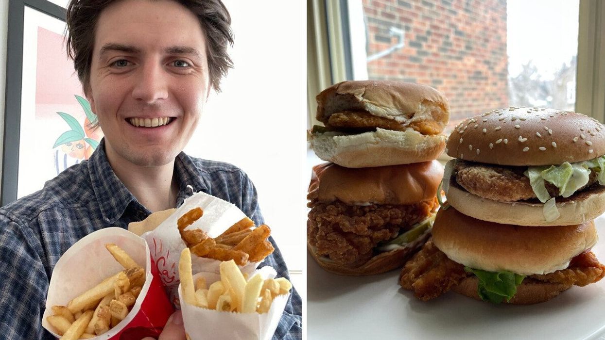 Tristan holding french fries. Right: A bunch of chicken sandwiches.