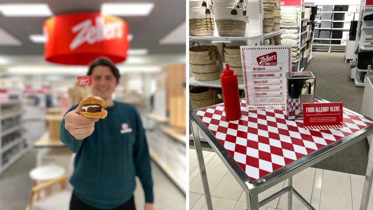 Tristan holding one of the burgers. Right: The Zellers Diner menu.
