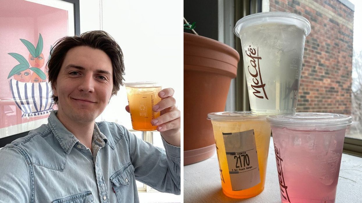 Tristan holding one of the Fruit Splash drinks. Right: All three of the Fruit Splash drinks.
