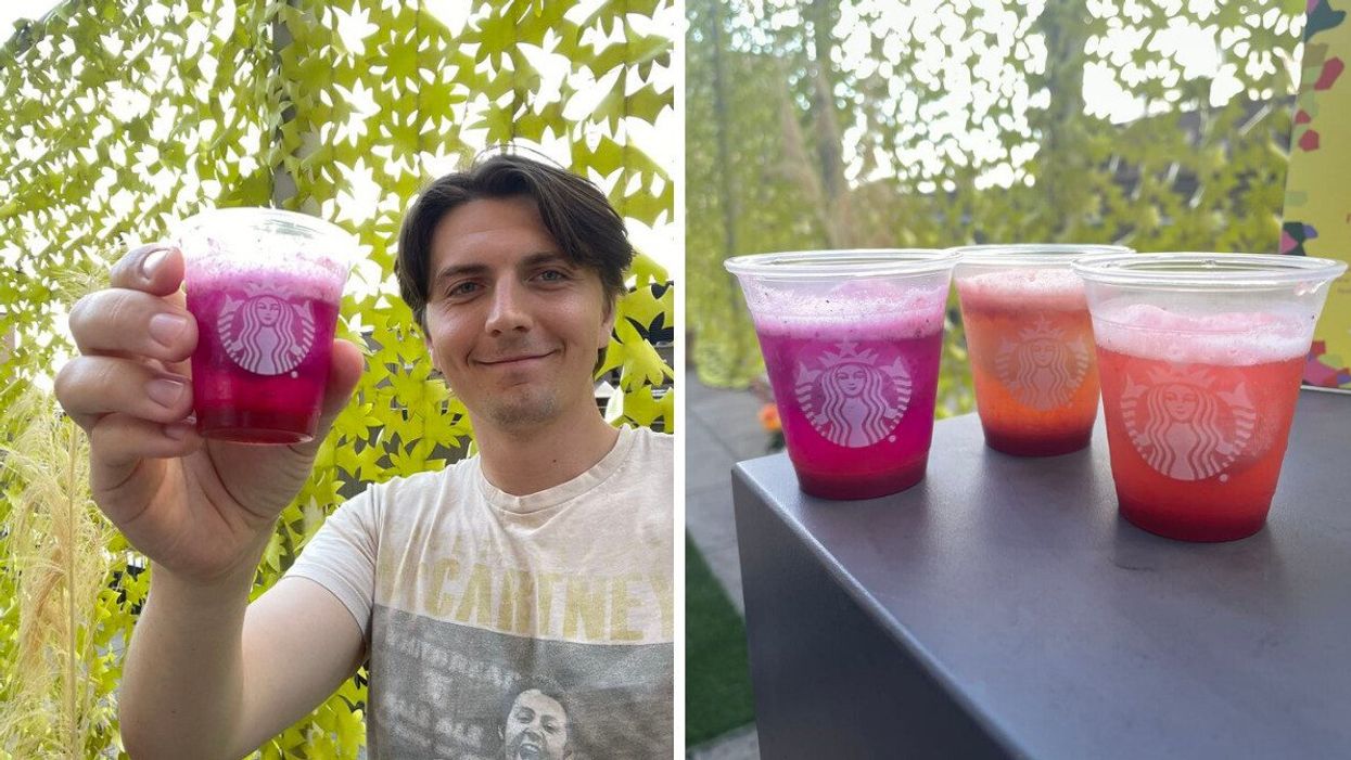 Tristan holding one of the new Refresher drinks. Right: All three of the new drinks from Starbucks.