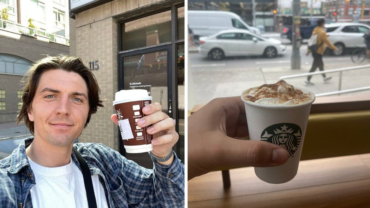 Tristan holding the McDonald's Pumpkin Spice Latte. Right: The Starbucks Pumpkin Spice Latte.