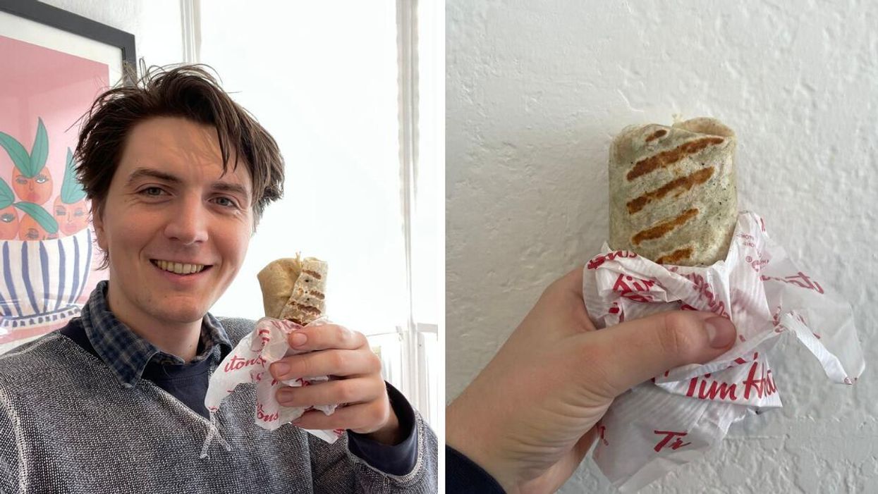 Tristan holding the Tim Hortons wrap. Right: The Chipotle Steak Loaded Wrap.