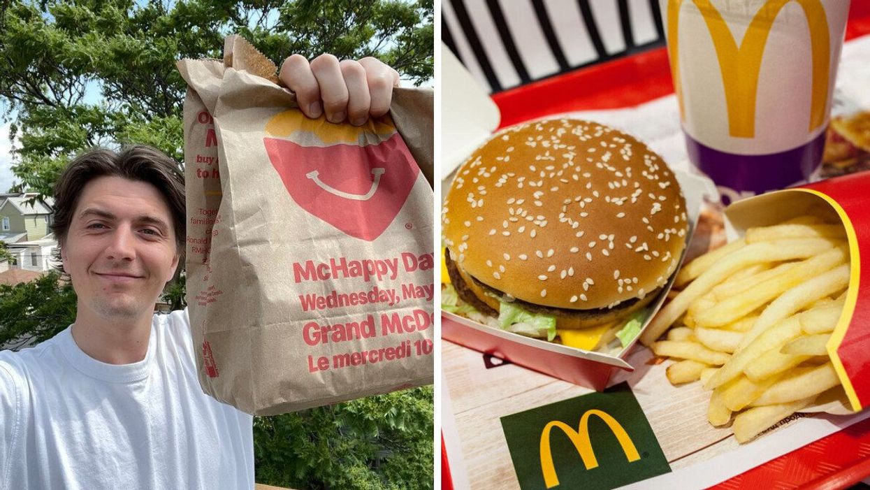 Tristan holding up a McDonald's bag. Right: McDonald's food.