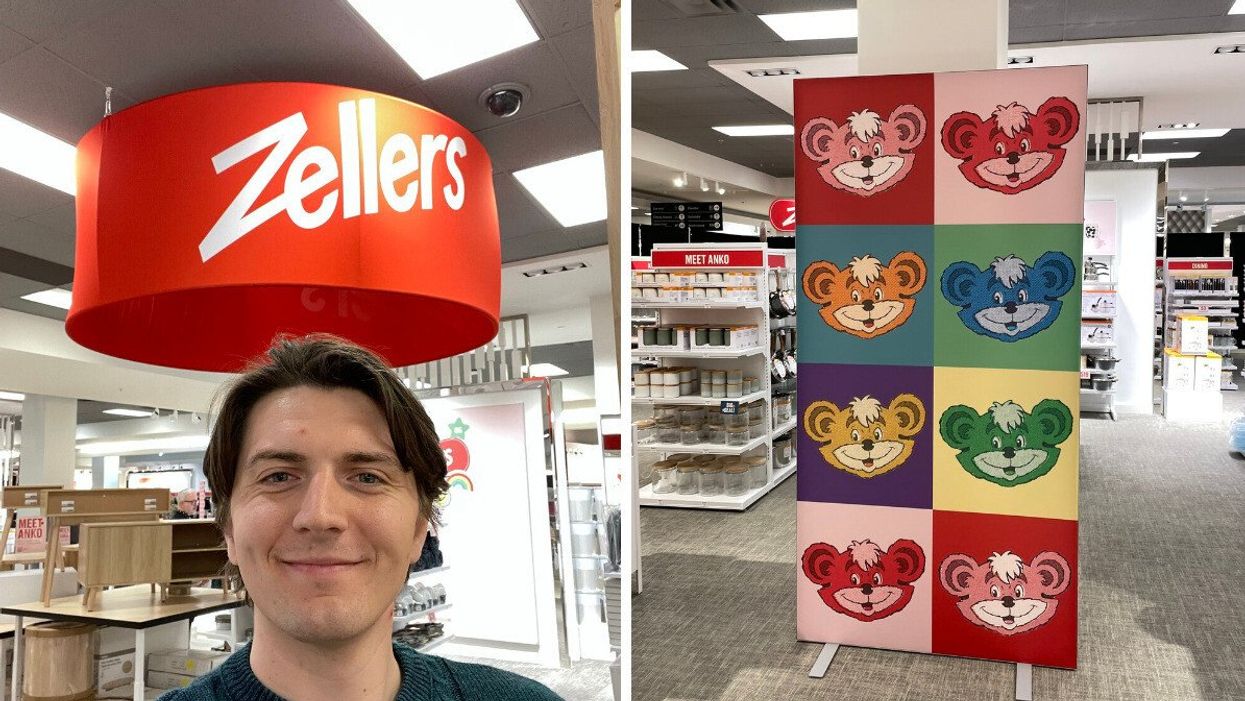 Tristan in front of a Zellers sign. Right: A wall of Zeddys.