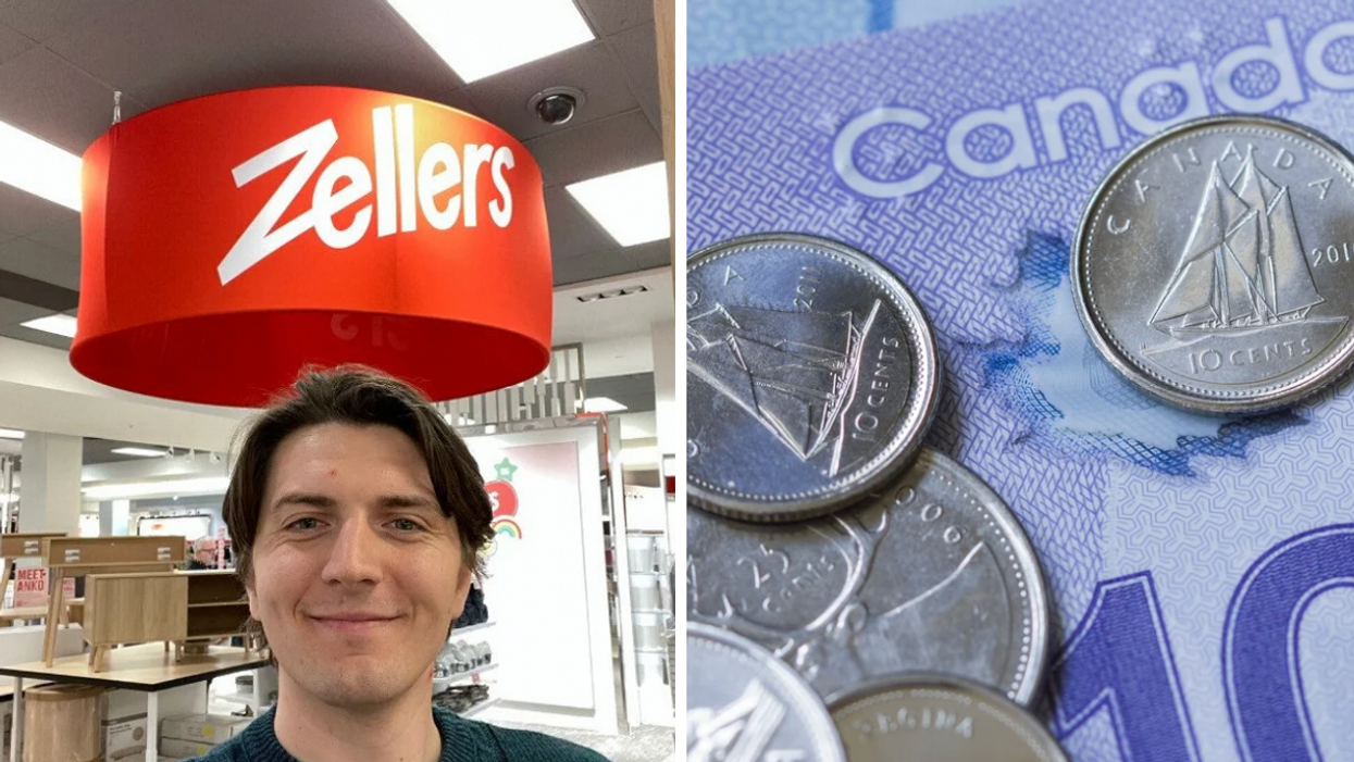 Tristan in front of a Zellers sign. Right: Canadian currency.