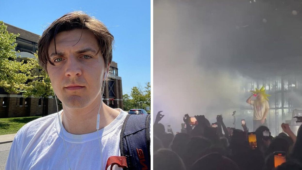 Tristan out for a walk by himself. Right: A concert Tristan attended on his own.