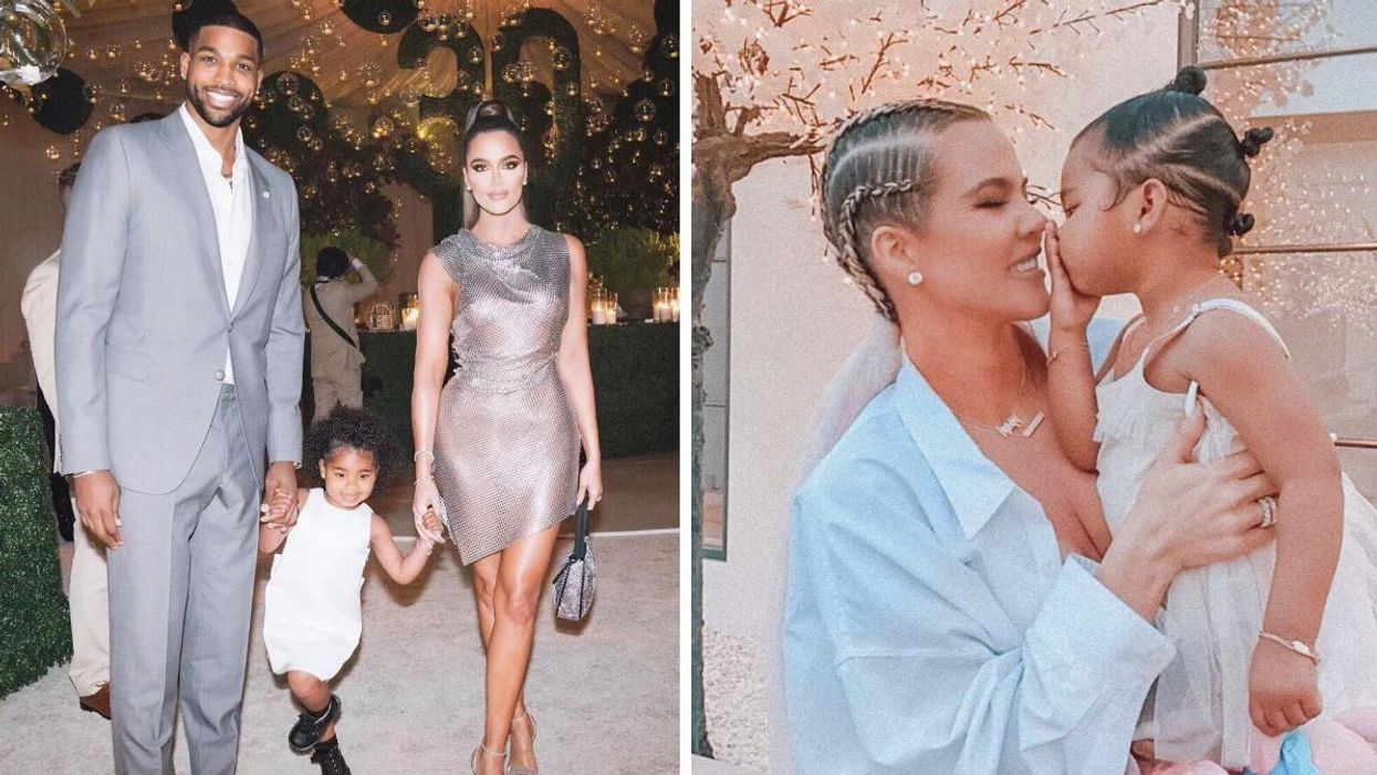 Tristan Thompson, True Thompson and Khloe Kardashian. Right: Khloe Kardashian and True Thompson.