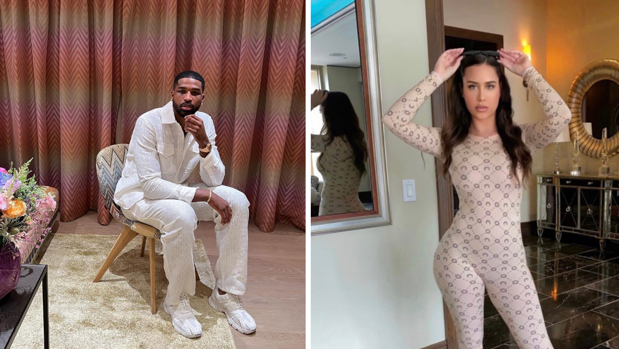 Tristan Thompson wears and all white outfit. Right: Maralee Nichols wears a jumpsuit.