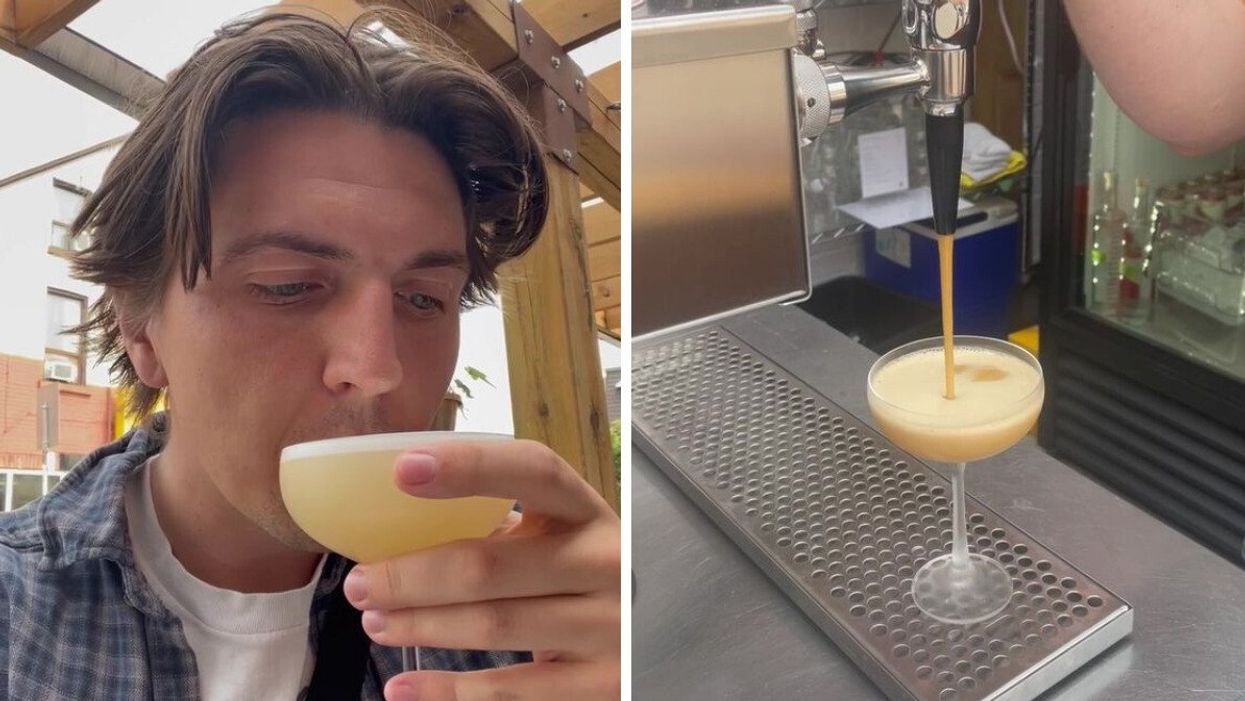 Tristan Wheeler drinking a cocktail. Right: A cocktail being poured.