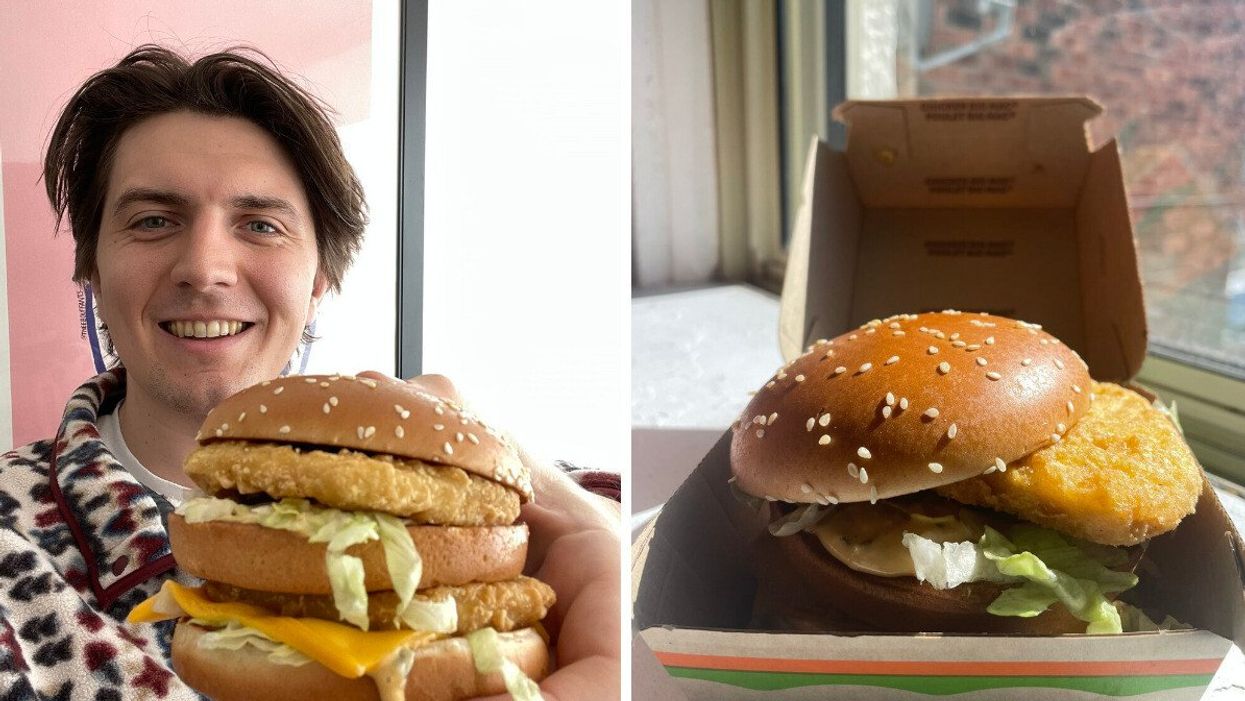 Tristan Wheeler holding a Chicken Big Mac. Right: The Chicken Big Mac.