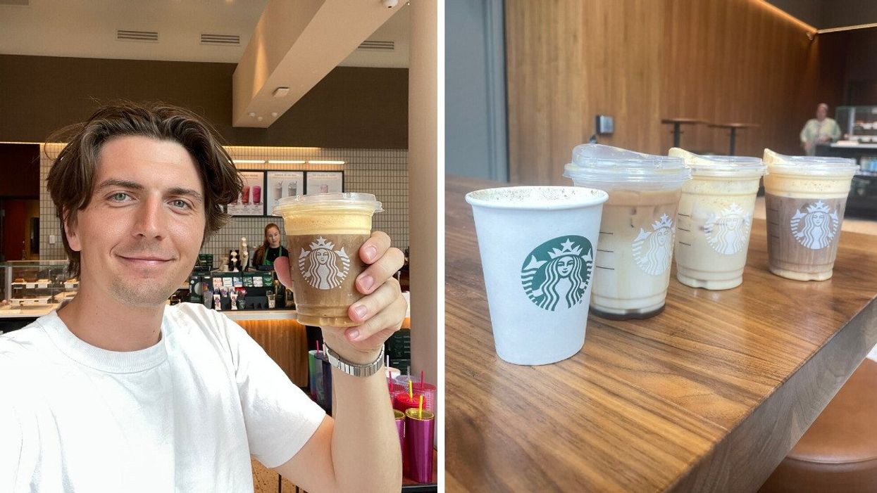 Tristan Wheeler holding a drink. Right: All of the Starbucks fall drinks.