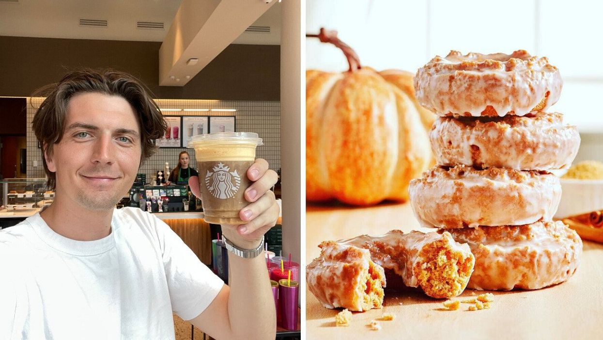 Tristan Wheeler holding a fall drink from Starbucks. Right: Pumpkin Spice donuts from Krispy Kreme.