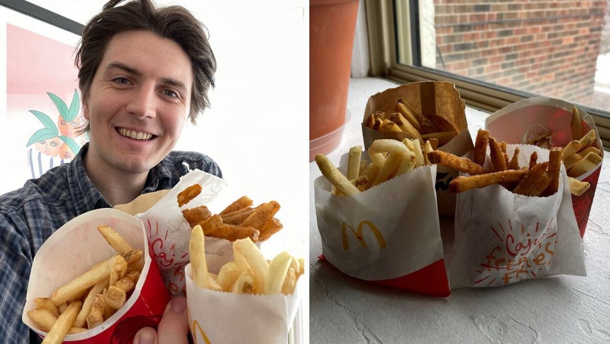 Tristan Wheeler holding all of the French fries. Right: Four bags of fries.