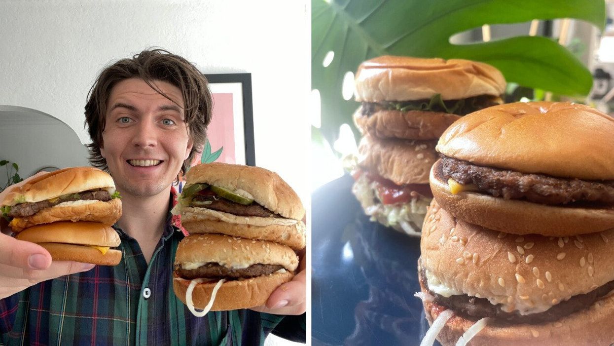 Tristan Wheeler holding all the burgers. Right: Cheeseburgers from Wendy's, McDonald's, A&W and Harvey's.