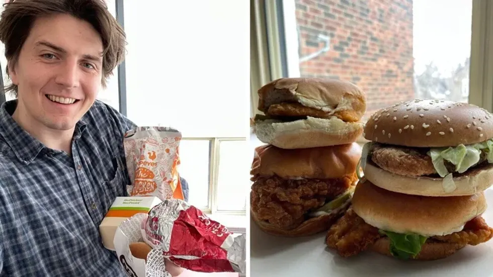 Tristan Wheeler holding all the chicken sandwiches. Right: The chicken sandwiches piled up.