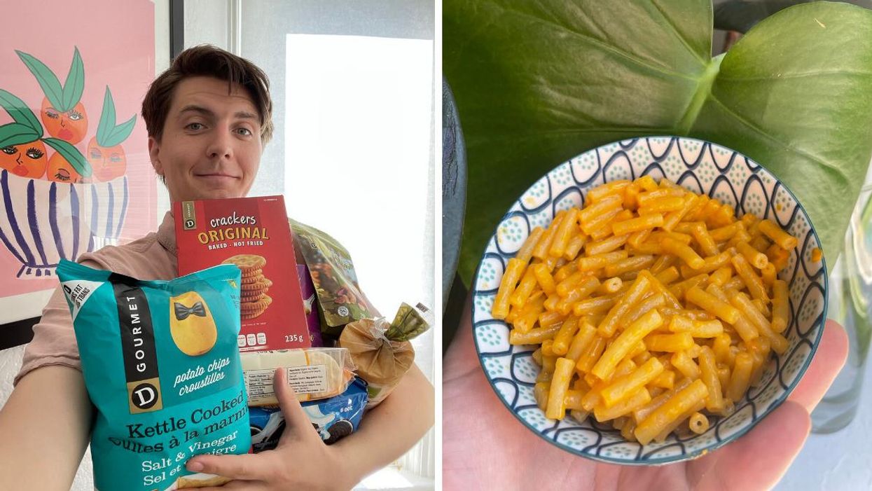 Tristan Wheeler holding all the snacks. Right: A bowl of Gourmet D Macaroni & Cheese.