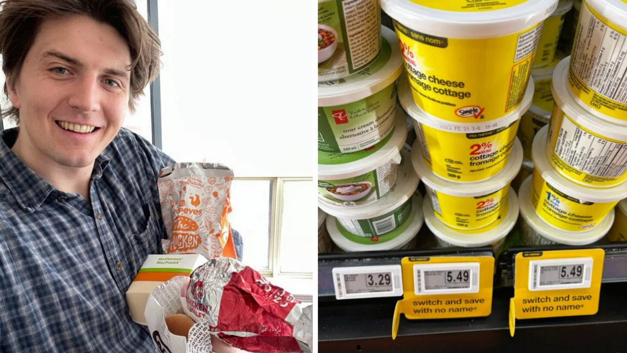 Tristan Wheeler holding chicken sandwiches. Right: No Name cottage cheese.