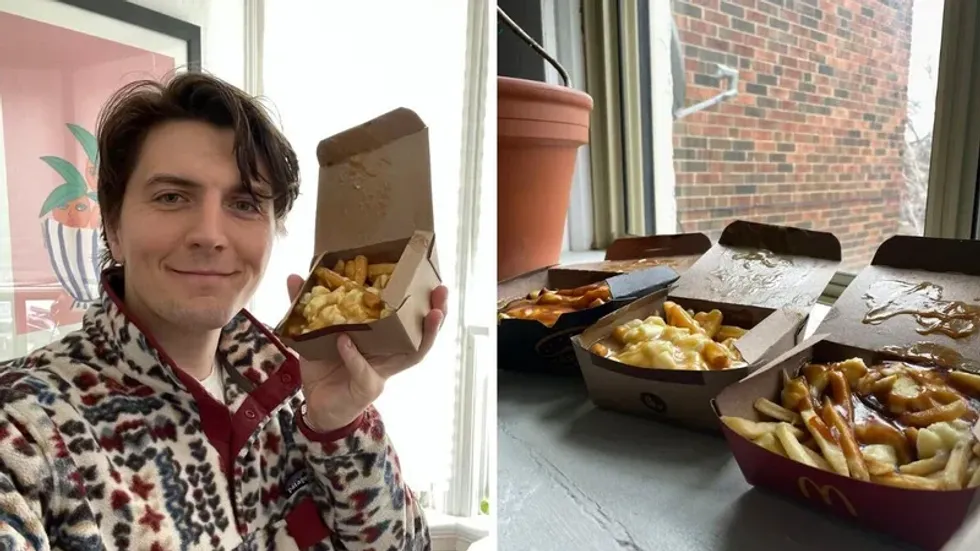 Tristan Wheeler holding poutine. Right: Poutine from A&W, Harvey's and McDonald's.