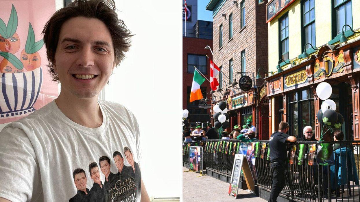 Tristan Wheeler in a 'Celtic Thunder' shirt. Right: An Irish pub in Canada.