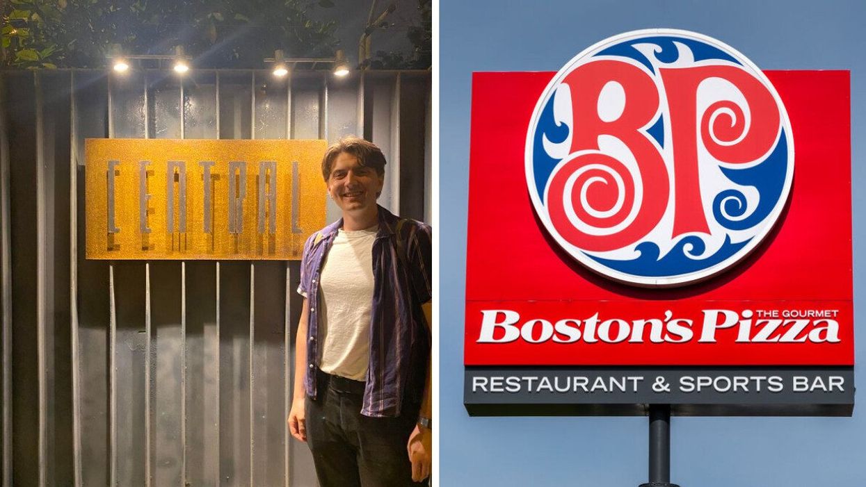 Tristan Wheeler in front of Central Lima. Right: A Boston Pizza sign.