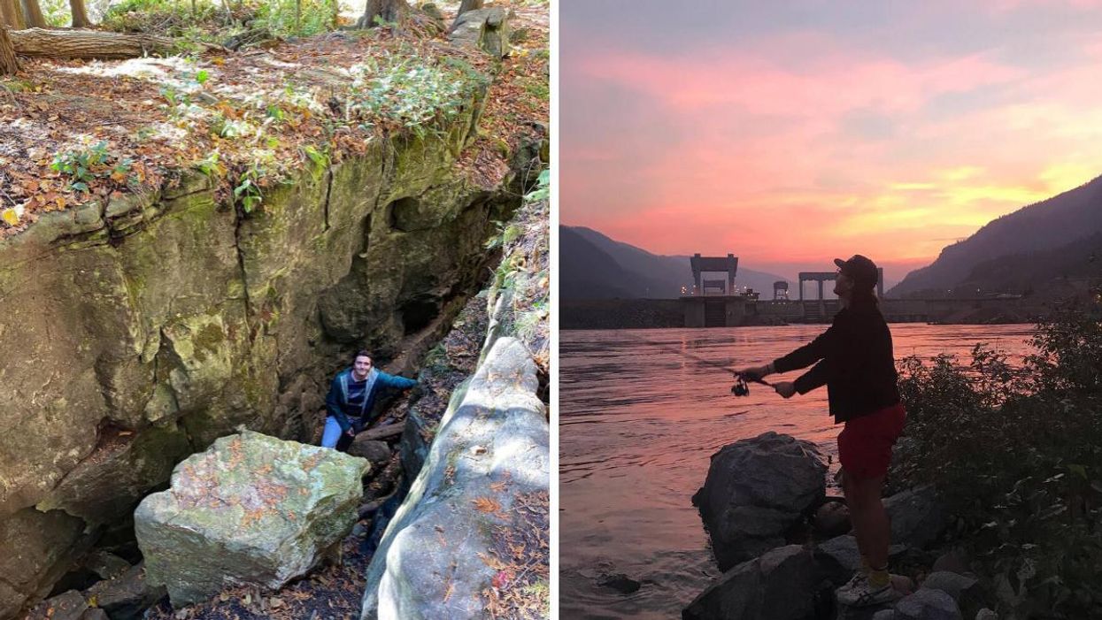 Tristan Wheeler in the Niagara Escarpment. Right: Tristan Wheeler fishing in his hometown.