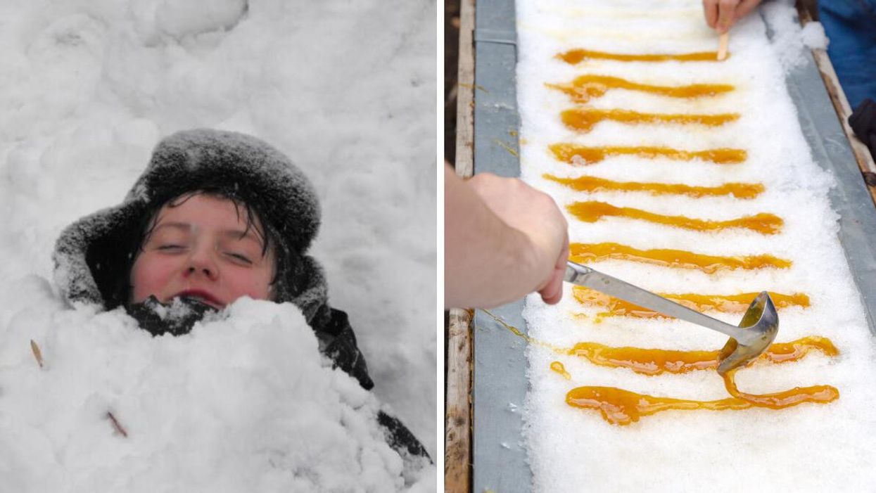 Tristan Wheeler in the snow as a child. Right: Someone making maple taffy.