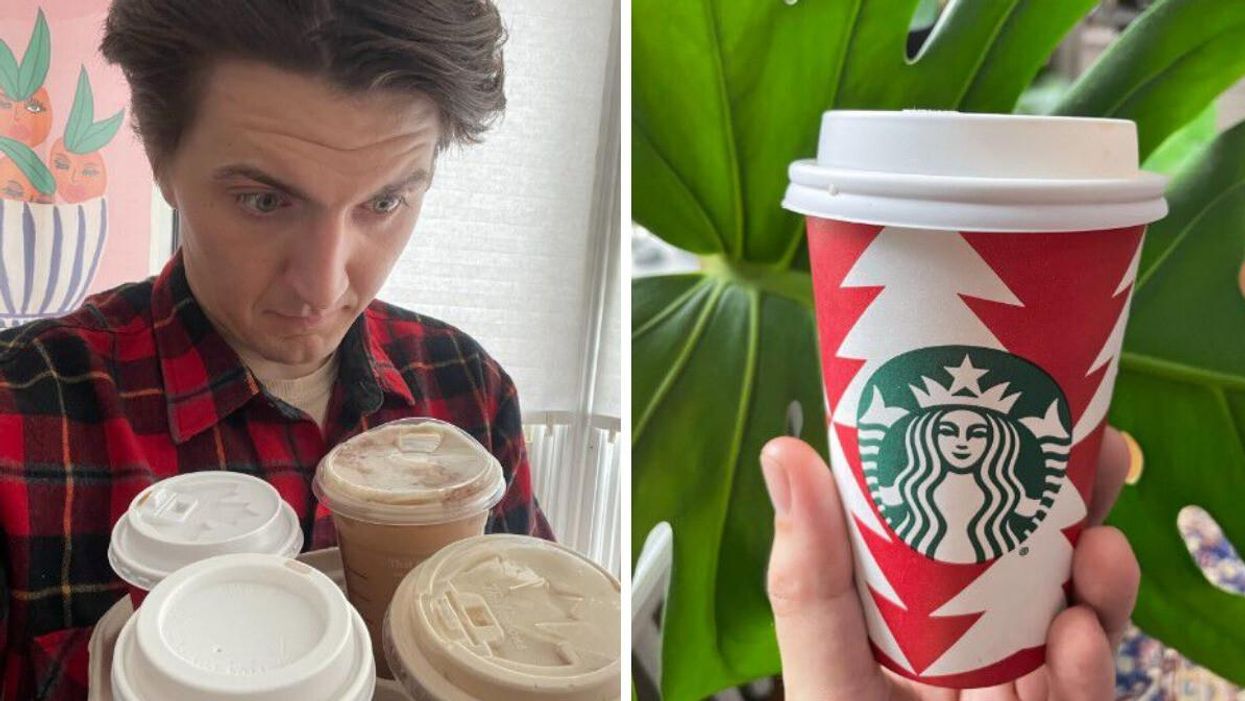 Tristan Wheeler looking at the drinks. Right: A Starbucks coffee cup.