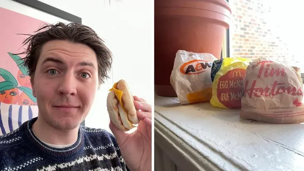 Tristan Wheeler with a breakfast sandwich. Right: Sandwiches from McDonald's, A&W and Tim Hortons.