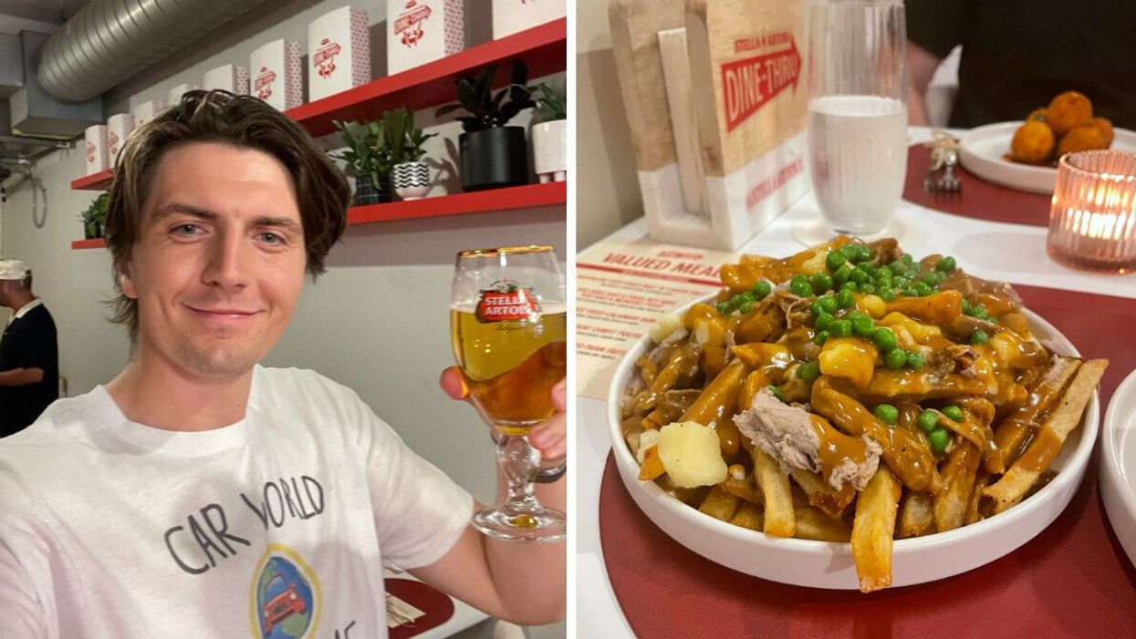 Tristan Wheeler with a Stella Artois. Right: The Most Decadent Confit Poutine.
