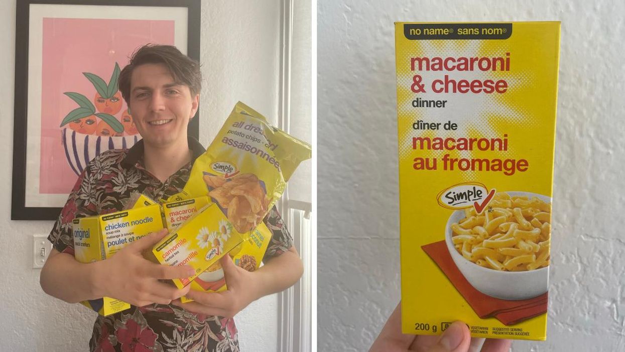 Tristan Wheeler with an armful of No Name brand products. Right: No Name macaroni & cheese dinner